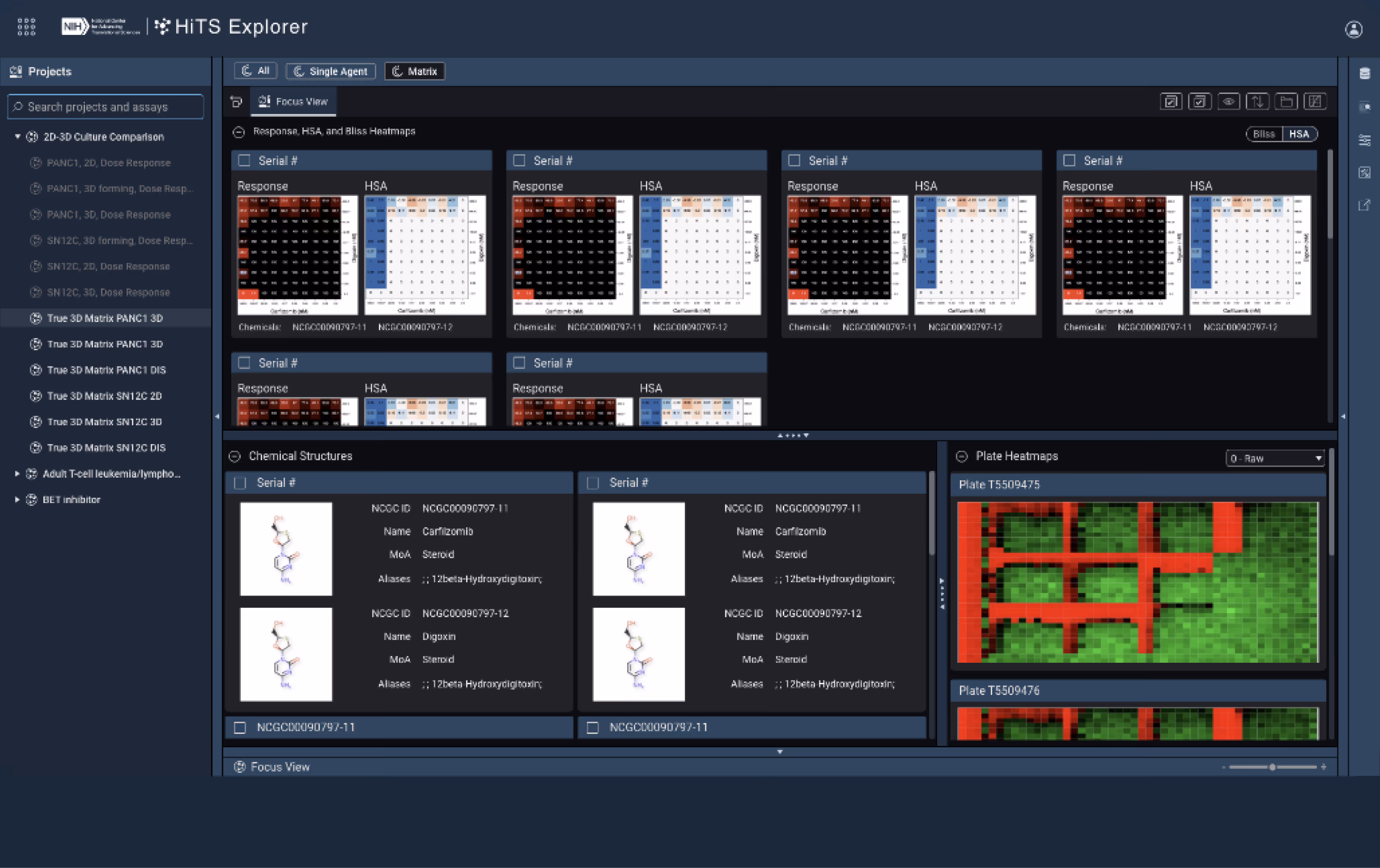 Screen of HiTS Explorer showing chemical response heatmaps, structures, and plate heatmaps for drug analysis.
