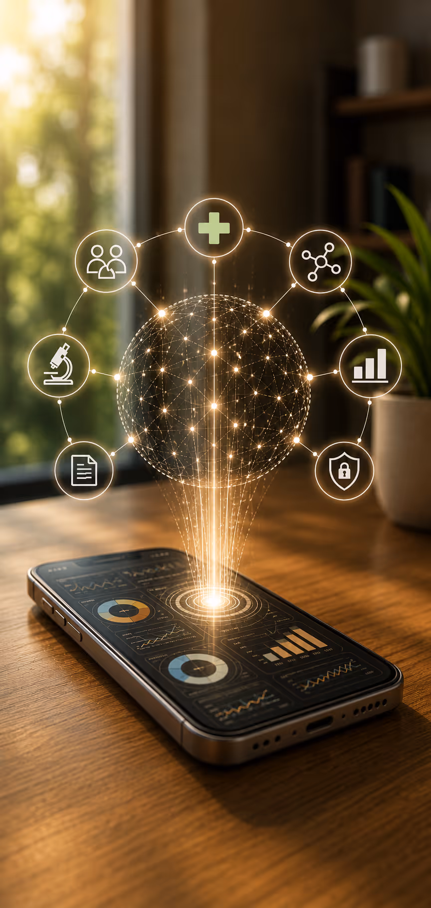 Smartphone on table projecting glowing digital network globe with connected health and science icons.