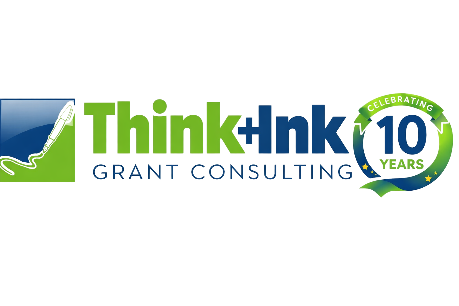 Think+Ink Grant Consulting logo with a pen drawing a line in a blue and green square and a green ribbon celebrating 10 years.