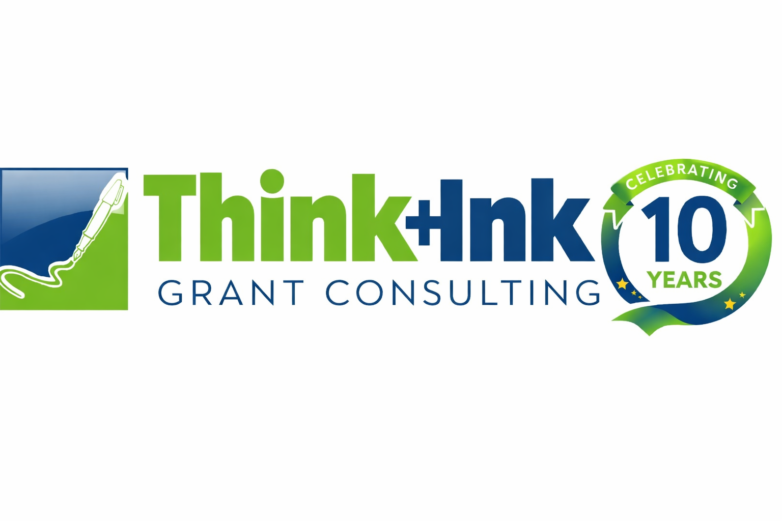 Think+Ink Grant Consulting logo with a pen icon on a blue and green square and a green ribbon celebrating 10 years.