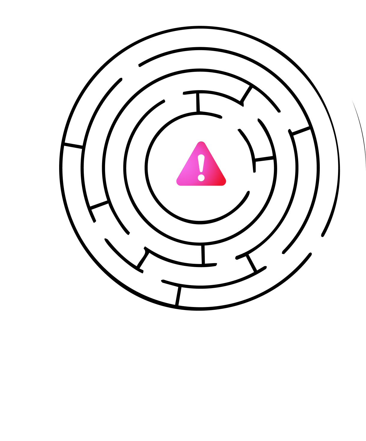 Head silhouette with a circular maze inside and a pink warning triangle in the center.