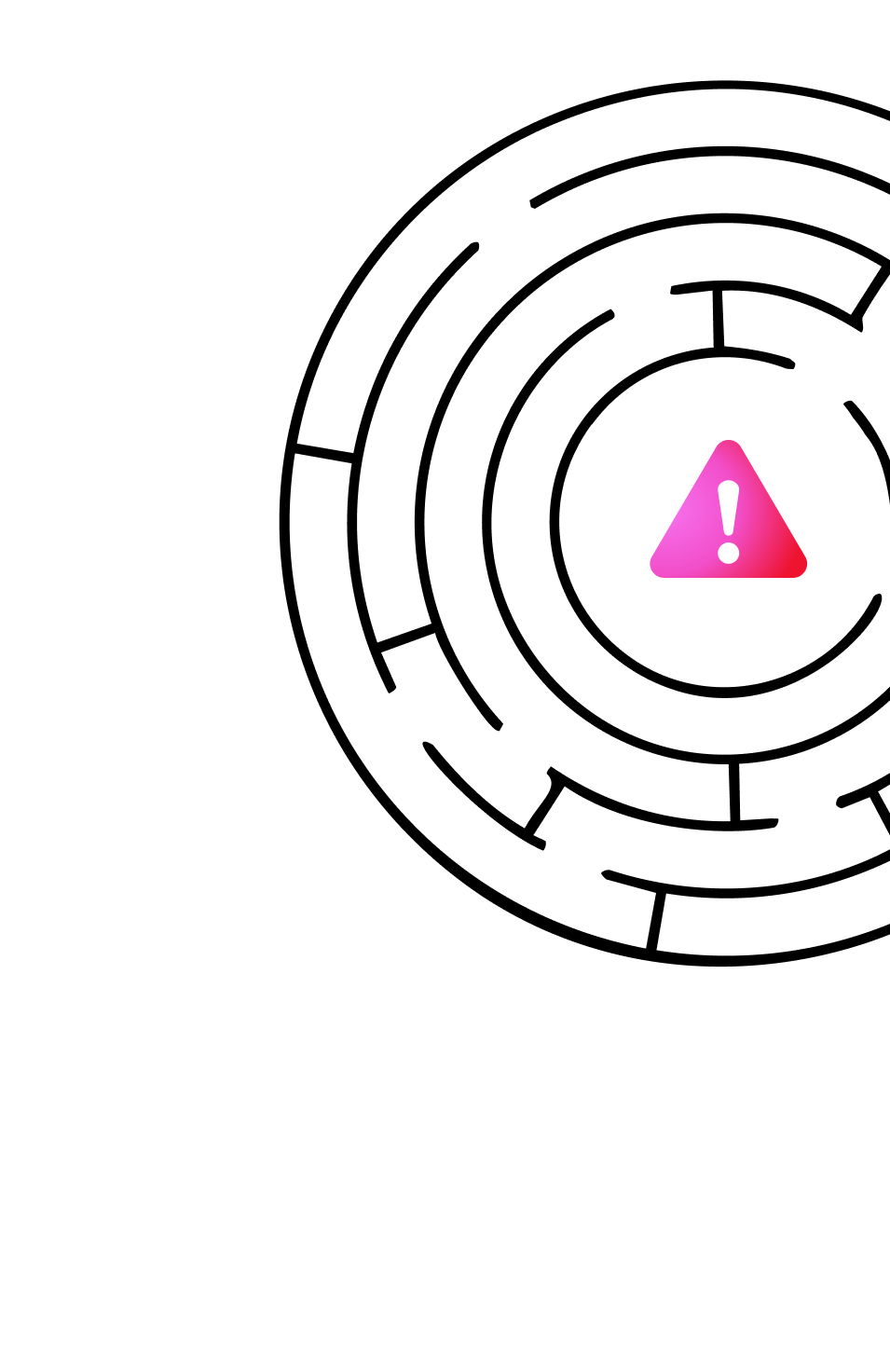 Side silhouette of a head containing a circular maze with an exclamation warning symbol at the center.