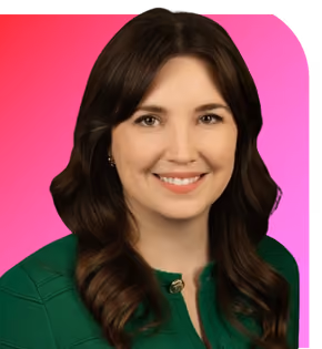 Portrait of a smiling woman with long brown hair wearing a green top against a white background.