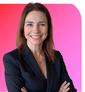 Smiling woman with brown hair wearing a black blazer and necklace on white background.