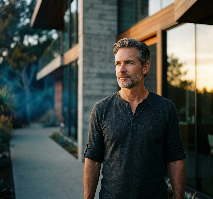 Man with salt-and-pepper hair and beard wearing a dark henley shirt outdoors by modern building at sunset.