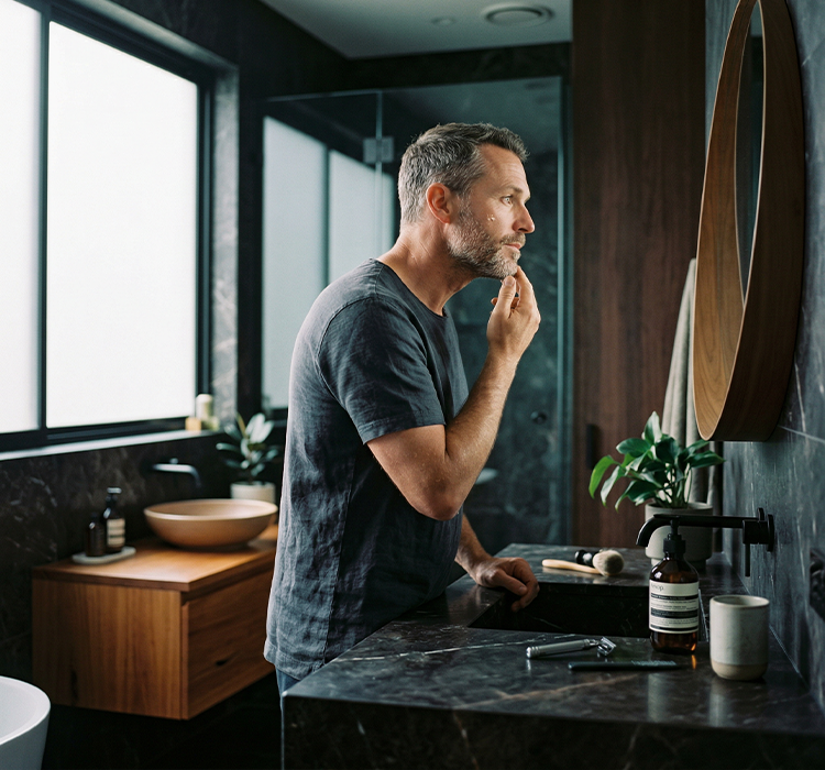 Man applying skincare cream on his face while standing in a modern bathroom in front of a round mirror.
