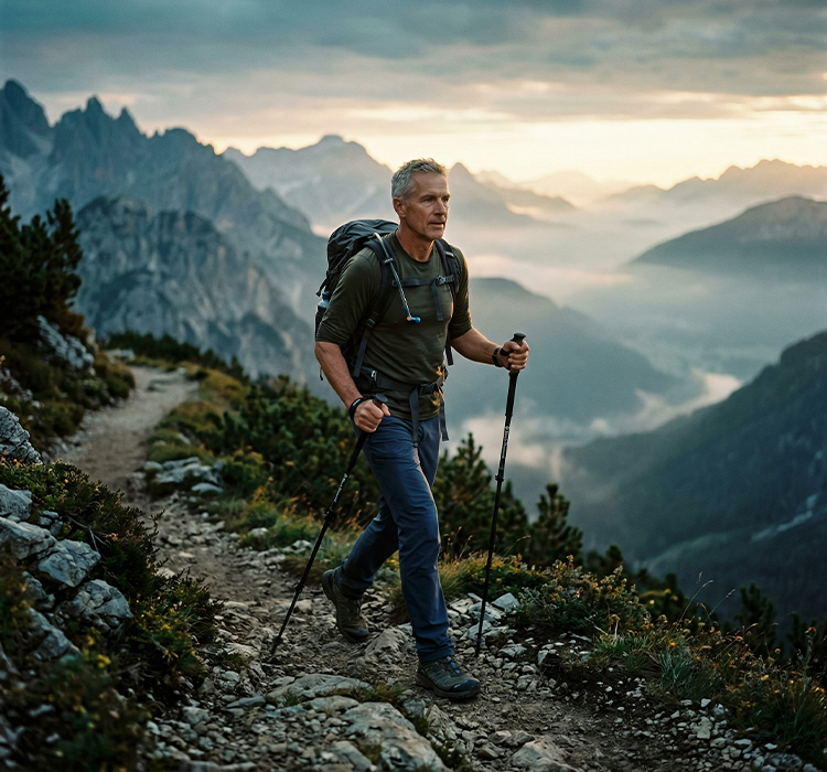 Middle-aged man hiking on rocky mountain trail with backpack and trekking poles at sunrise.