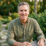 Smiling middle-aged man with gray hair wearing an olive green button-up shirt outdoors.