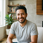 Smiling man with dark hair and beard wearing a gray t-shirt sitting indoors near a window