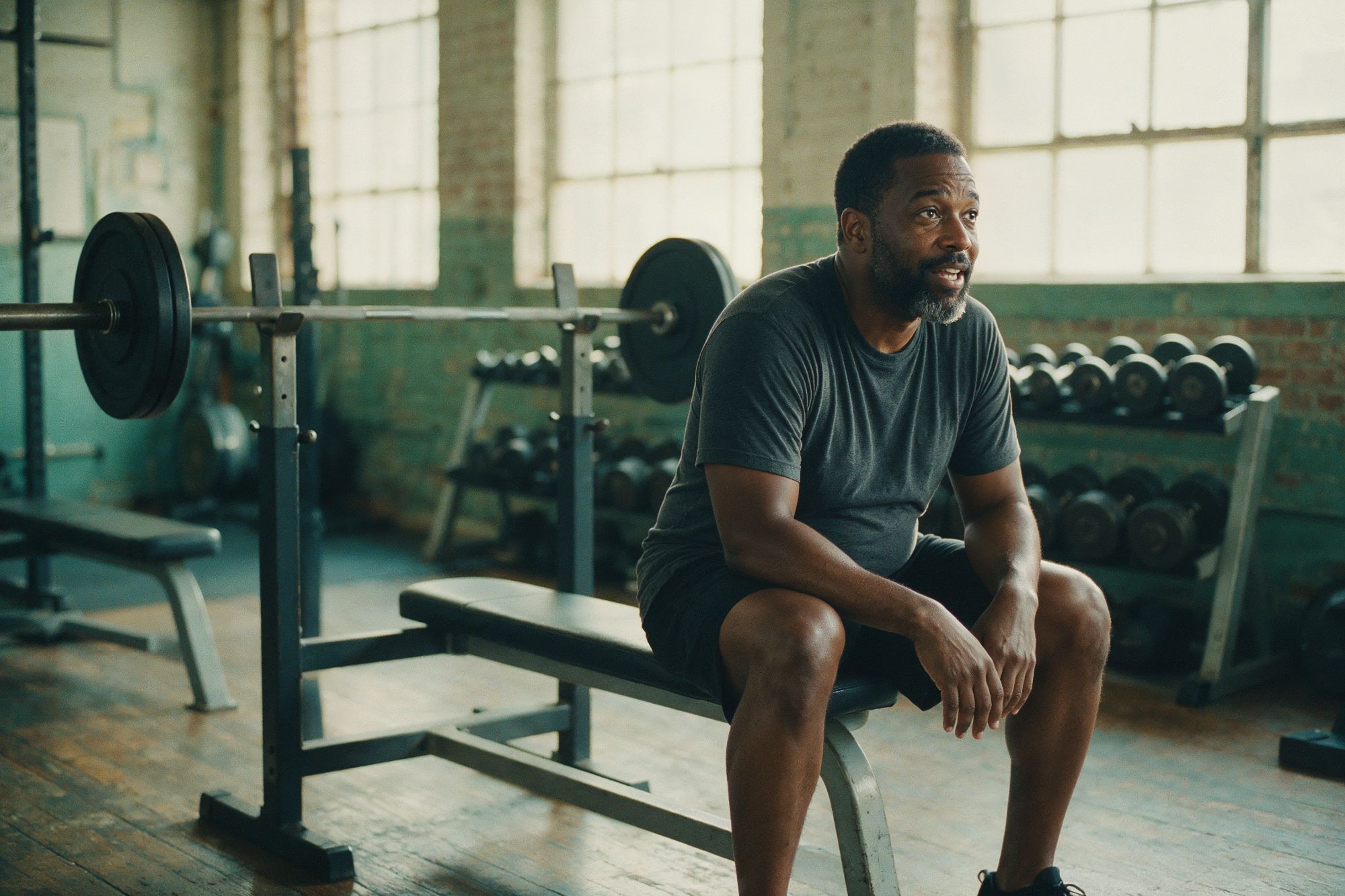 Man in his forties resting on a weight bench between sets in a local gym