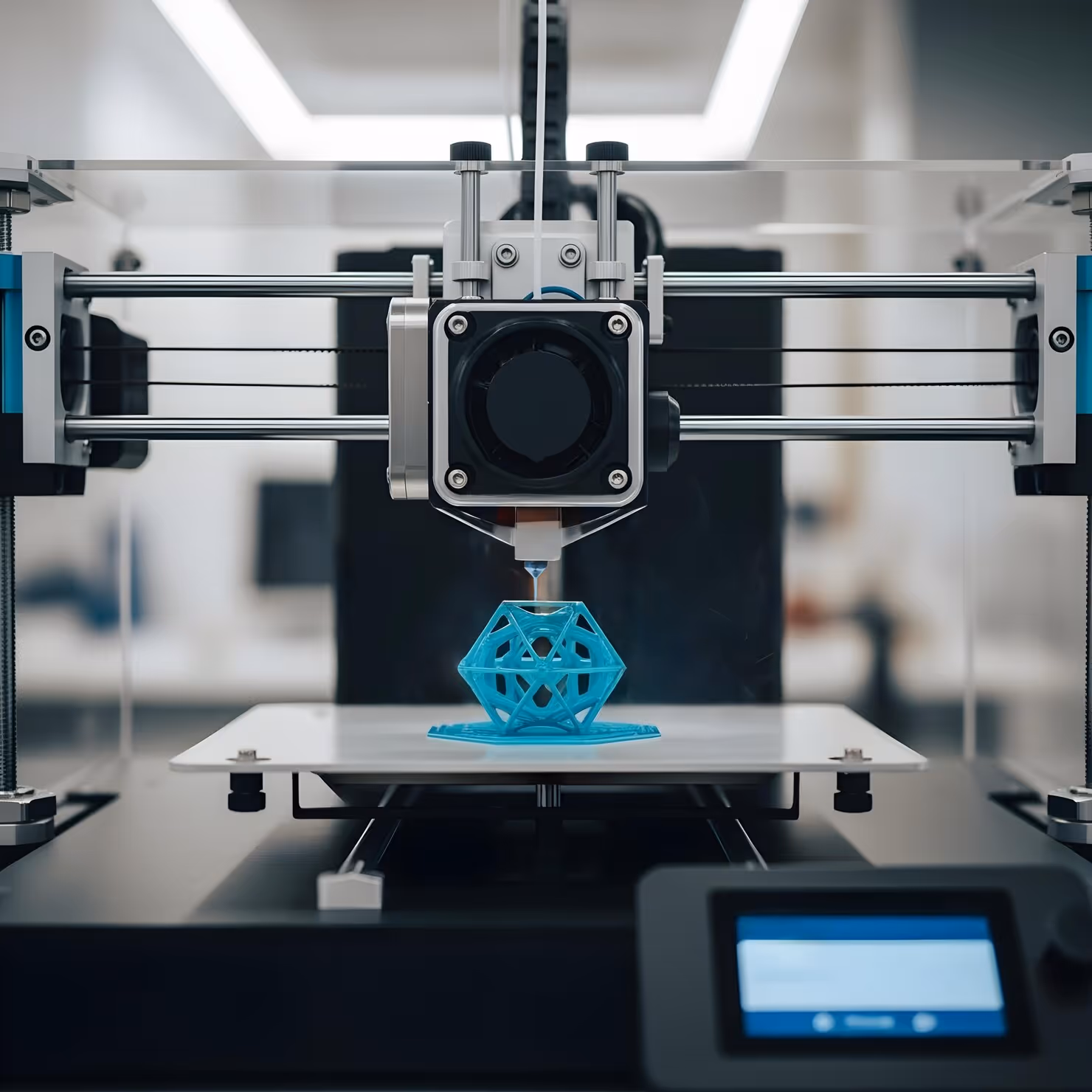 3D printer creating a blue geometric object on the build platform inside a transparent enclosure.