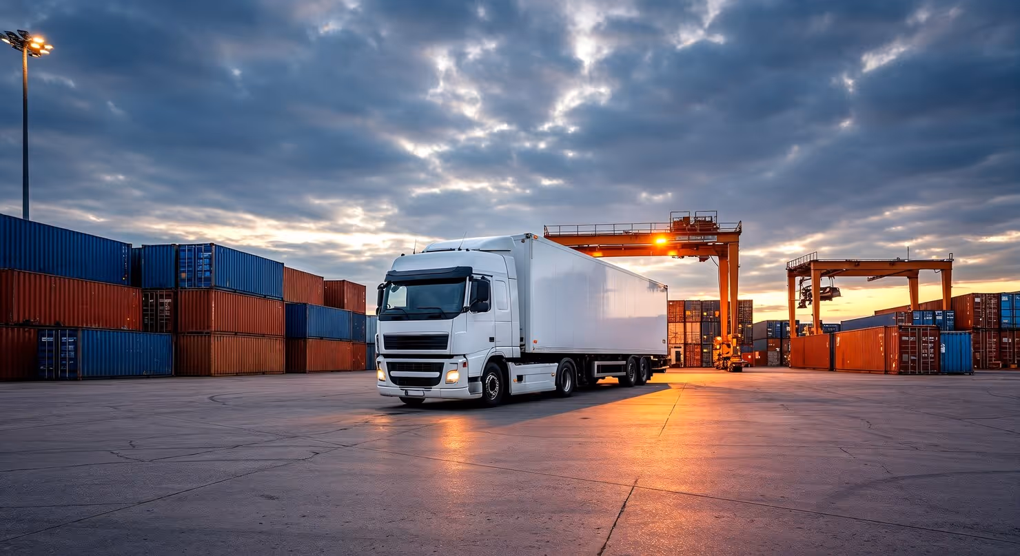 White semi-truck parked in a shipping container yard at sunset with cranes and stacked containers in the background.