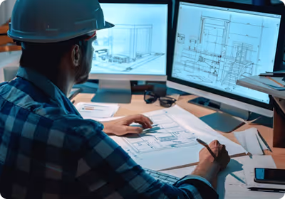 Engineer wearing a helmet working on architectural blueprints with 3D building models displayed on two computer monitors.