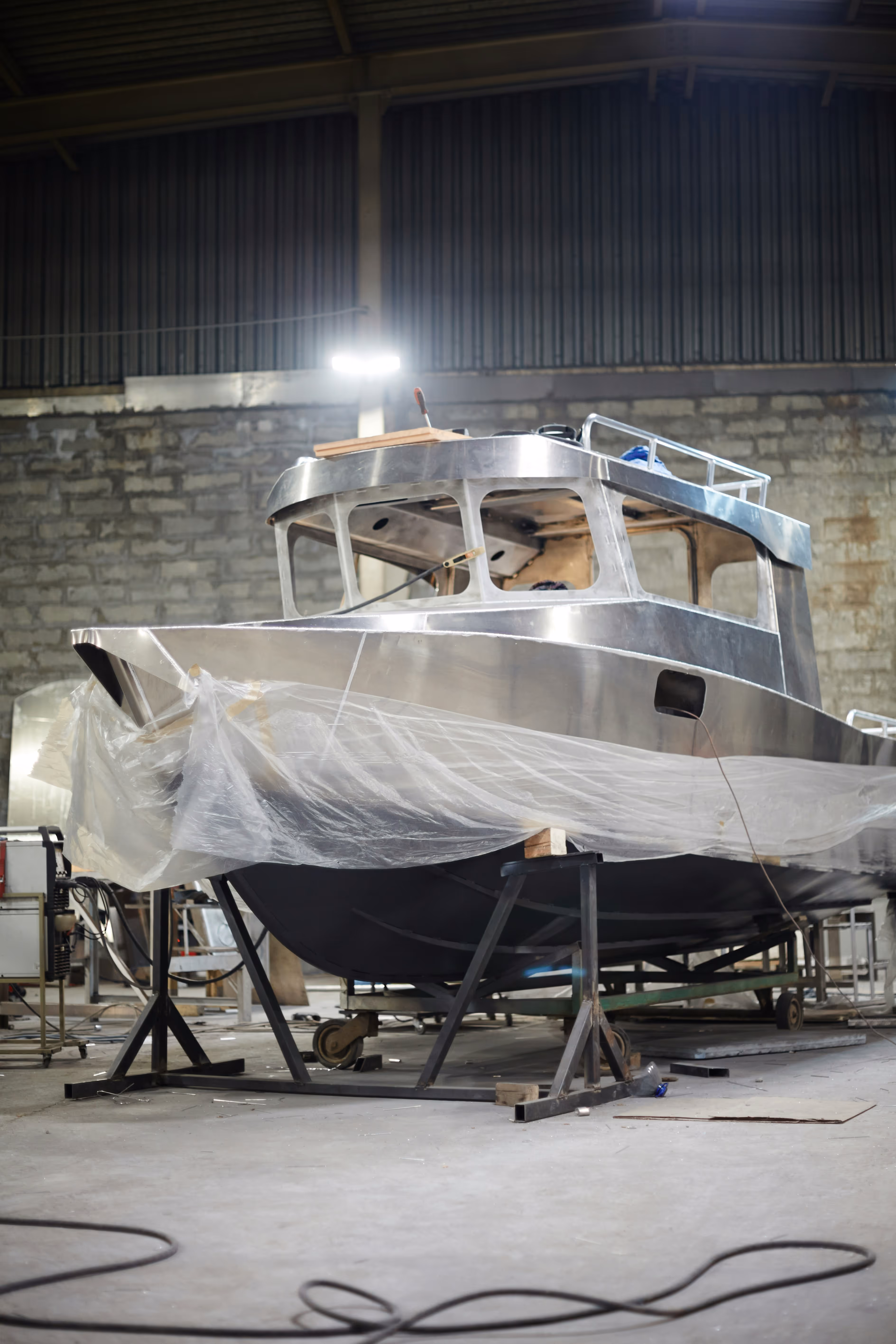 Partially constructed metal boat in an industrial workshop with plastic covering part of the hull.