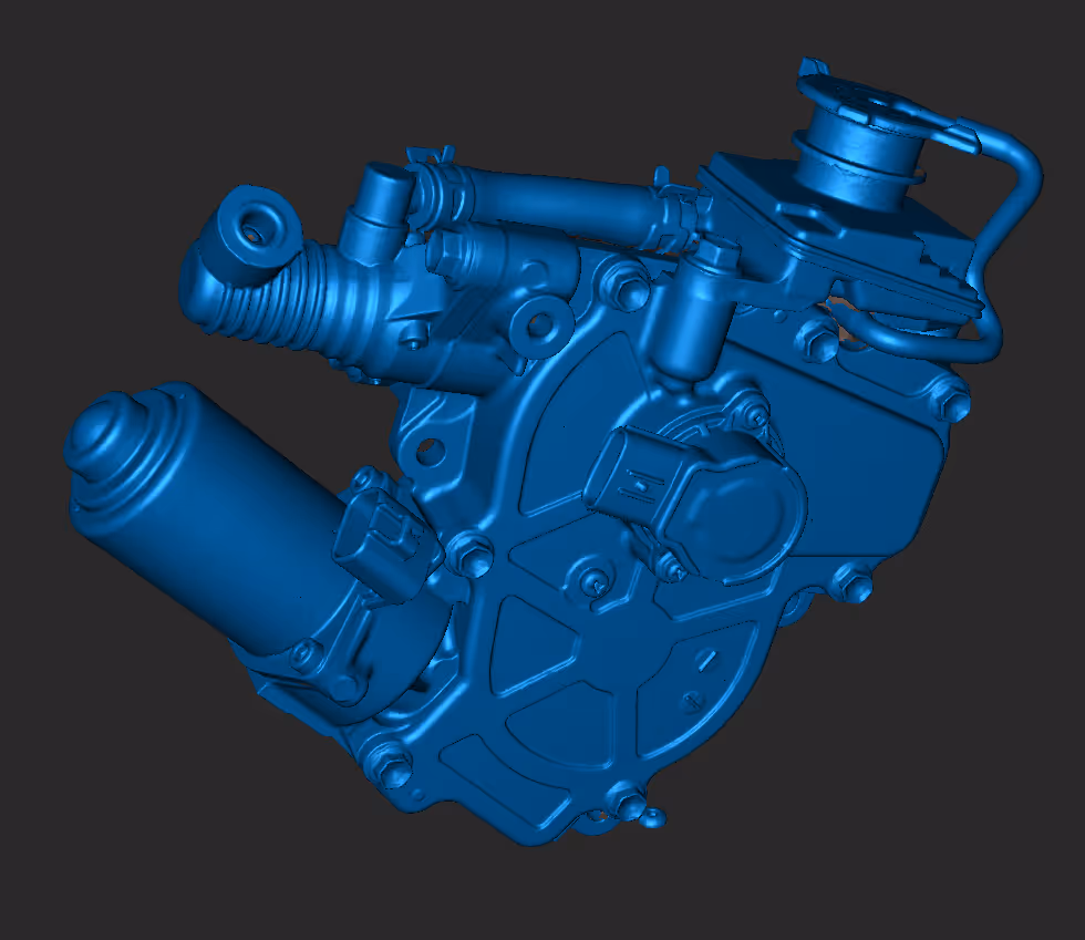 3D rendering of a complex mechanical component with pipes, bolts, and a cylindrical part.