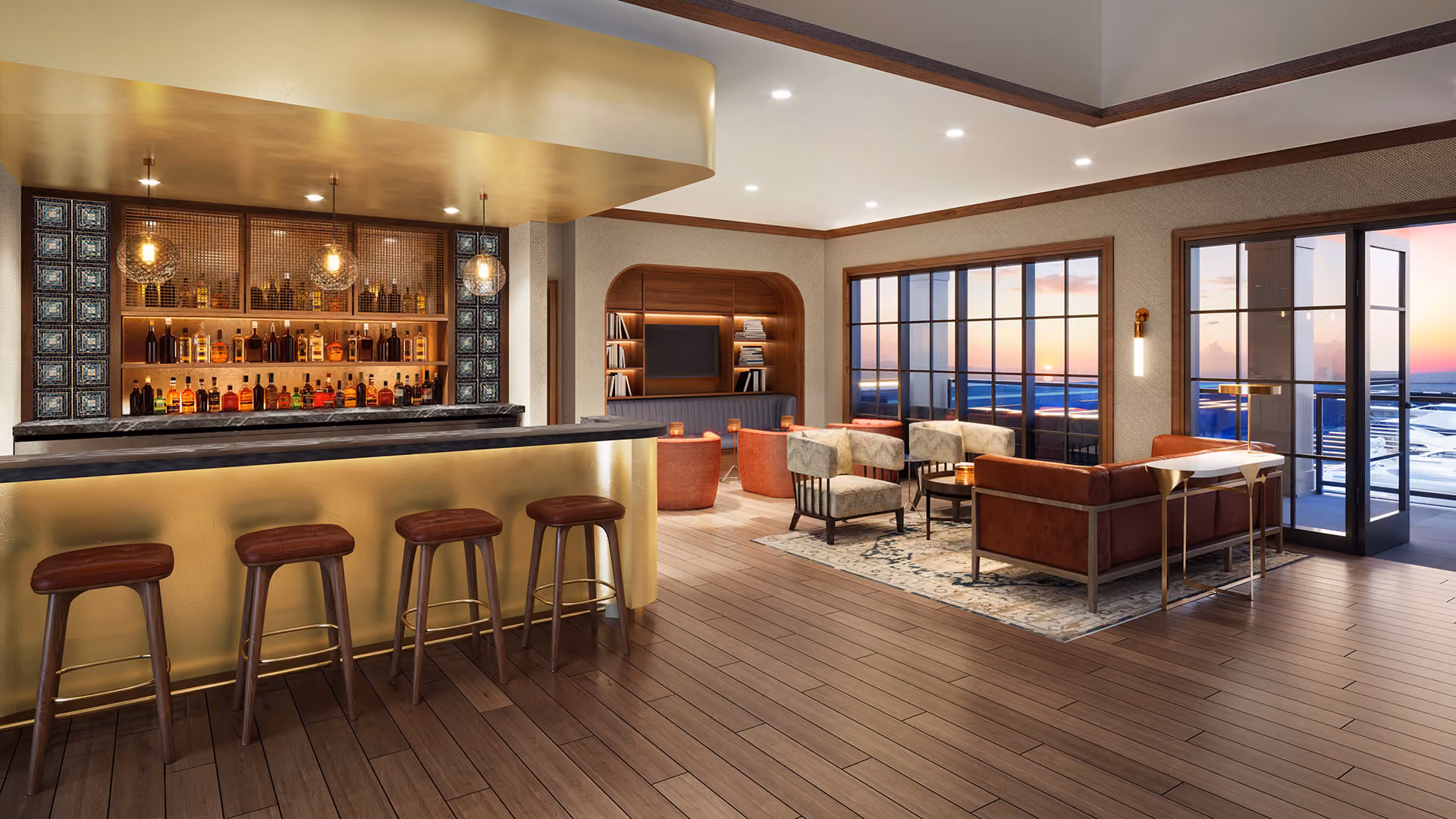 Modern indoor rooftop lounge with bar stools, leather seating, wood floors, and sunset views through glass doors.