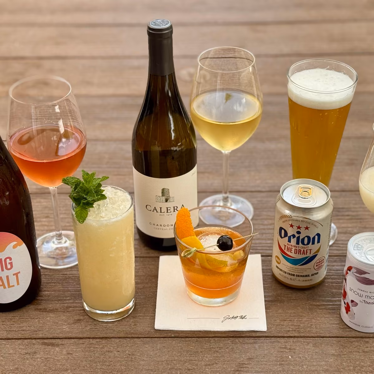 Beverage selection at Vue including rosé, chardonnay, craft cocktails, Orion beer and Snow Maiden sake