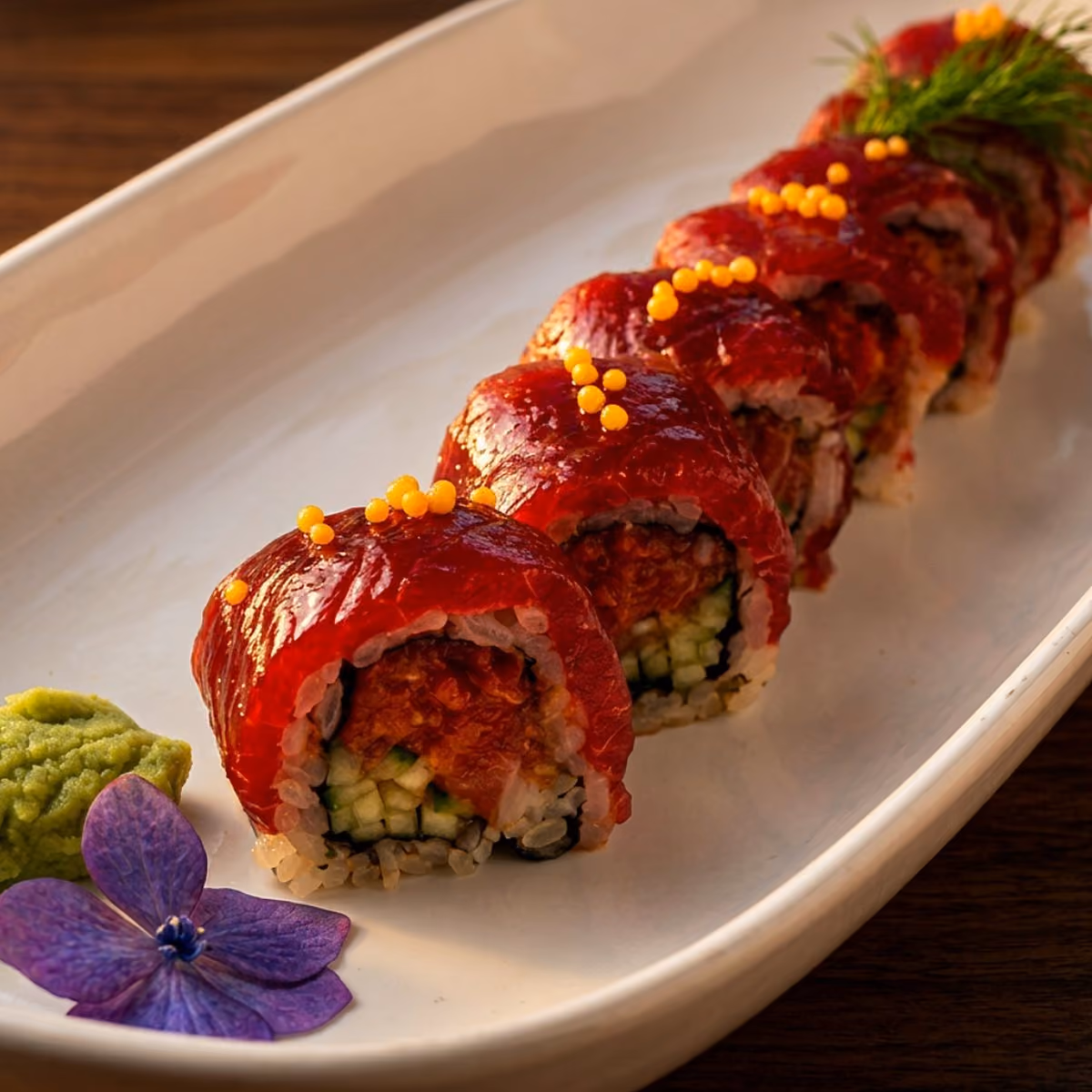 Spicy tuna sushi roll topped with red tuna and orange caviar pearls, served with wasabi and an edible flower at Vue