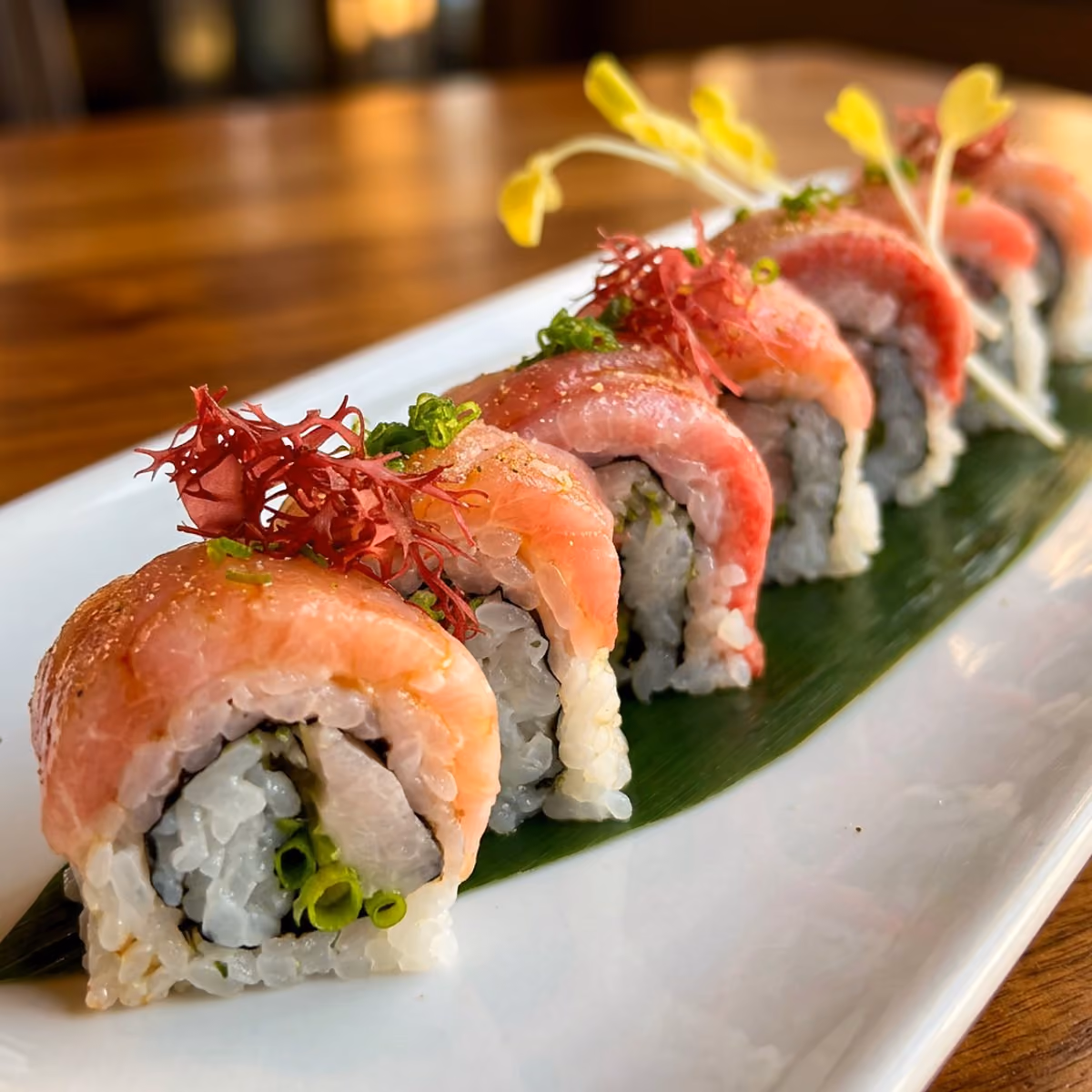 Sushi roll topped with tuna sashimi, red seaweed and yellow micro greens on a white plate at Vue