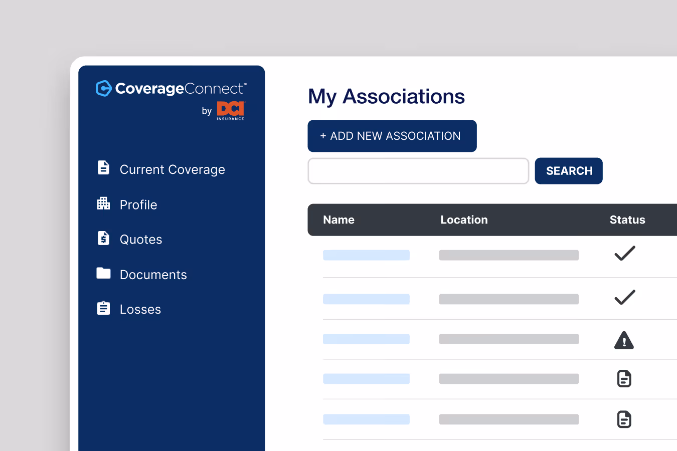 CoverageConnect dashboard showing My Associations list with name, location columns and status icons.