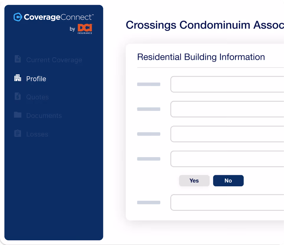 CoverageConnect sidebar menu with Profile selected and form titled Residential Building Information.