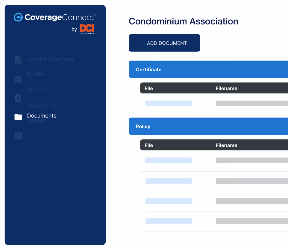 Dashboard screen for Condominium Association with document management options for certificates and policies.