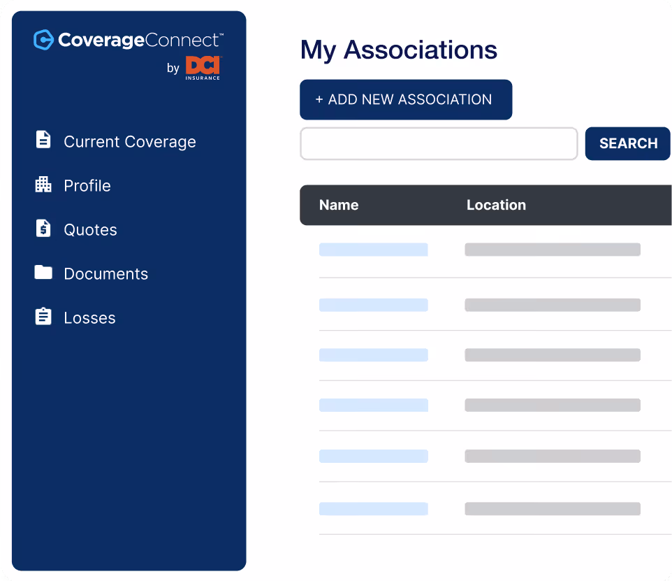 Insurance dashboard showing My Associations with options to add, search, and list names and locations.