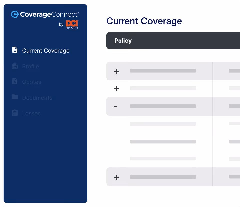 CoverageConnect insurance dashboard showing a current coverage policy table with expandable rows and navigation menu.