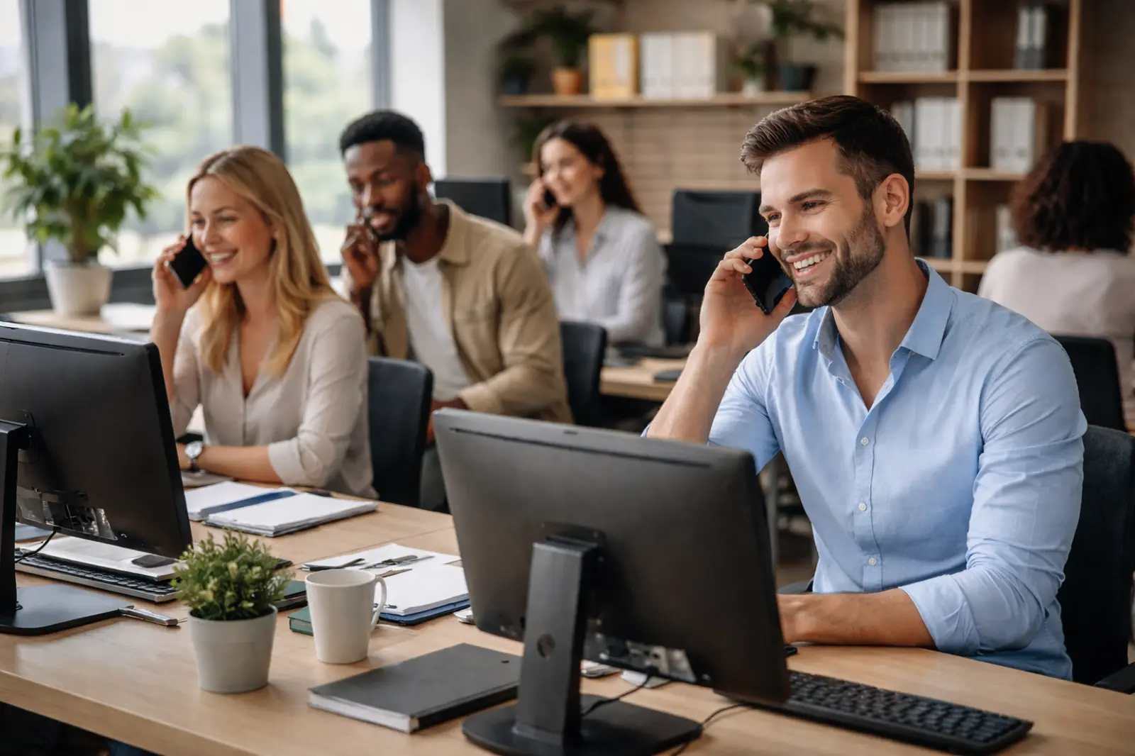 Four diverse coworkers in an office, working at desks and talking on smartphones with computers in front.