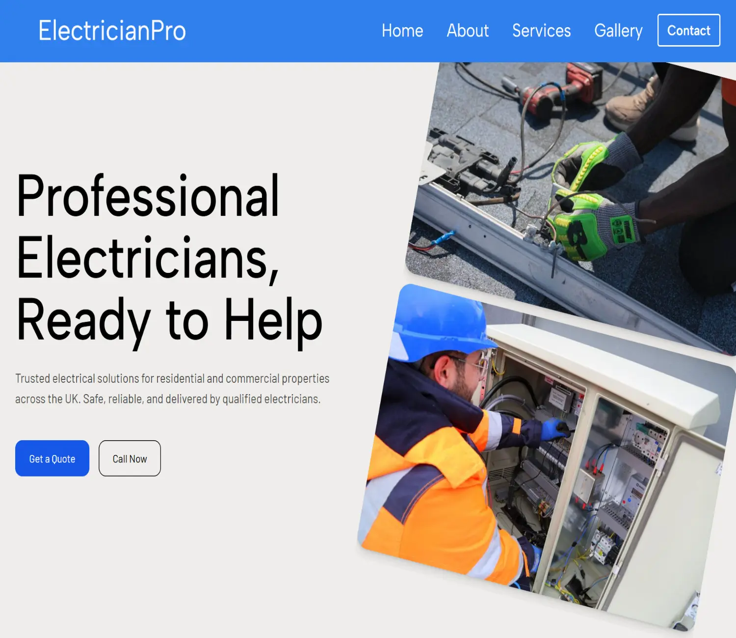 Two electricians working: one on rooftop wiring, another inspecting an electrical panel.