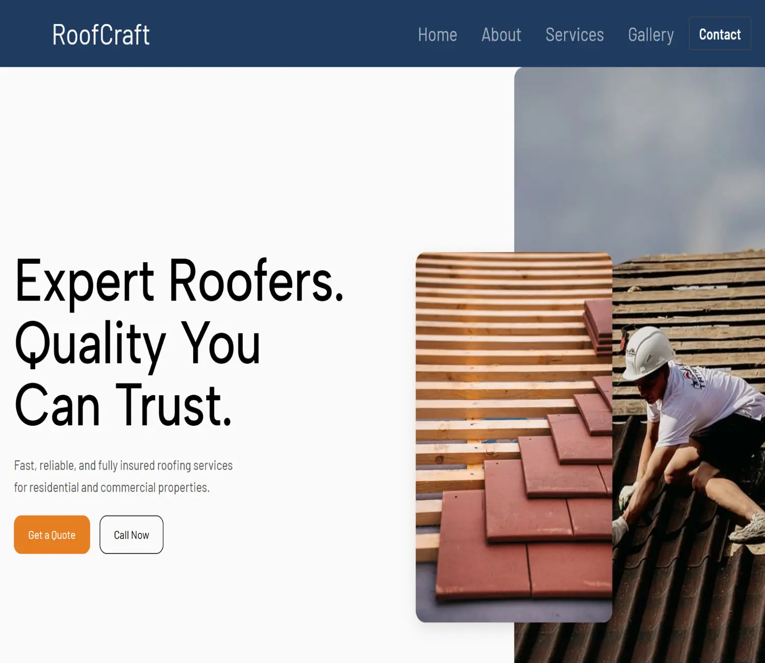 Roofer in hardhat installing tiles on roof with wooden beams and stacked roofing tiles nearby.