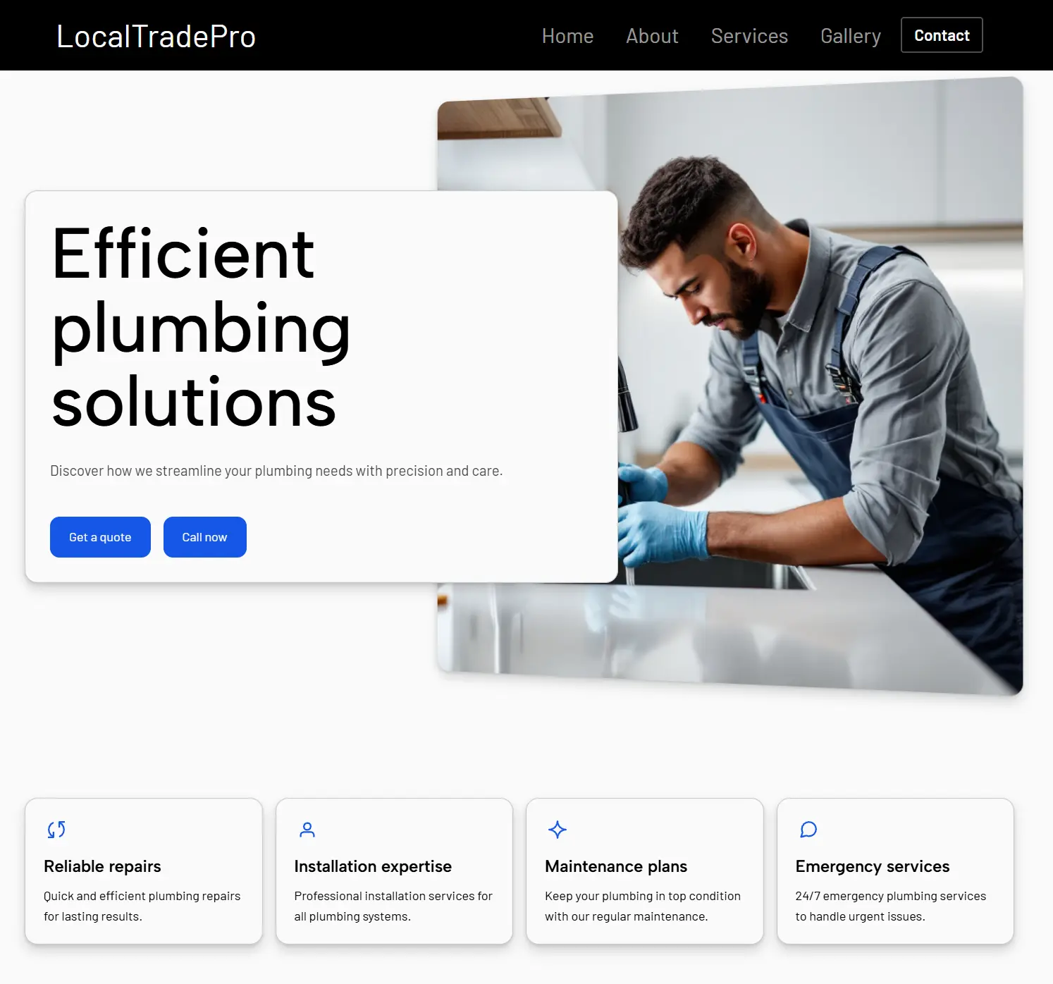Man in work overalls fixing kitchen sink faucet wearing blue gloves.