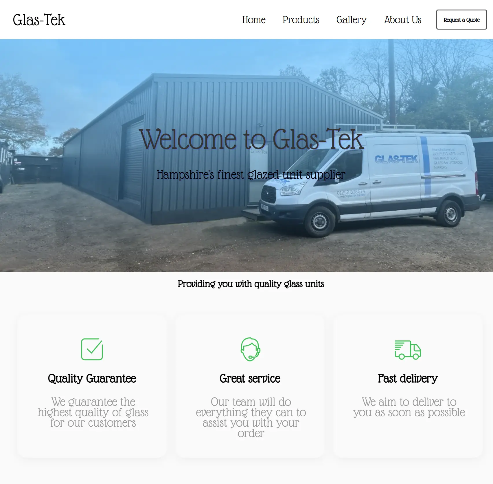 Homepage with Glas-Tek logo, a warehouse, company van, and service guarantee icons with text.
