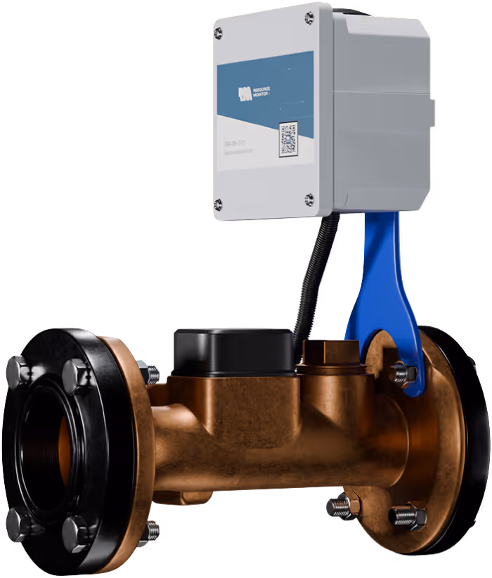 Copper flow meter with black flanges and attached white monitoring device labeled Resource Monitor.