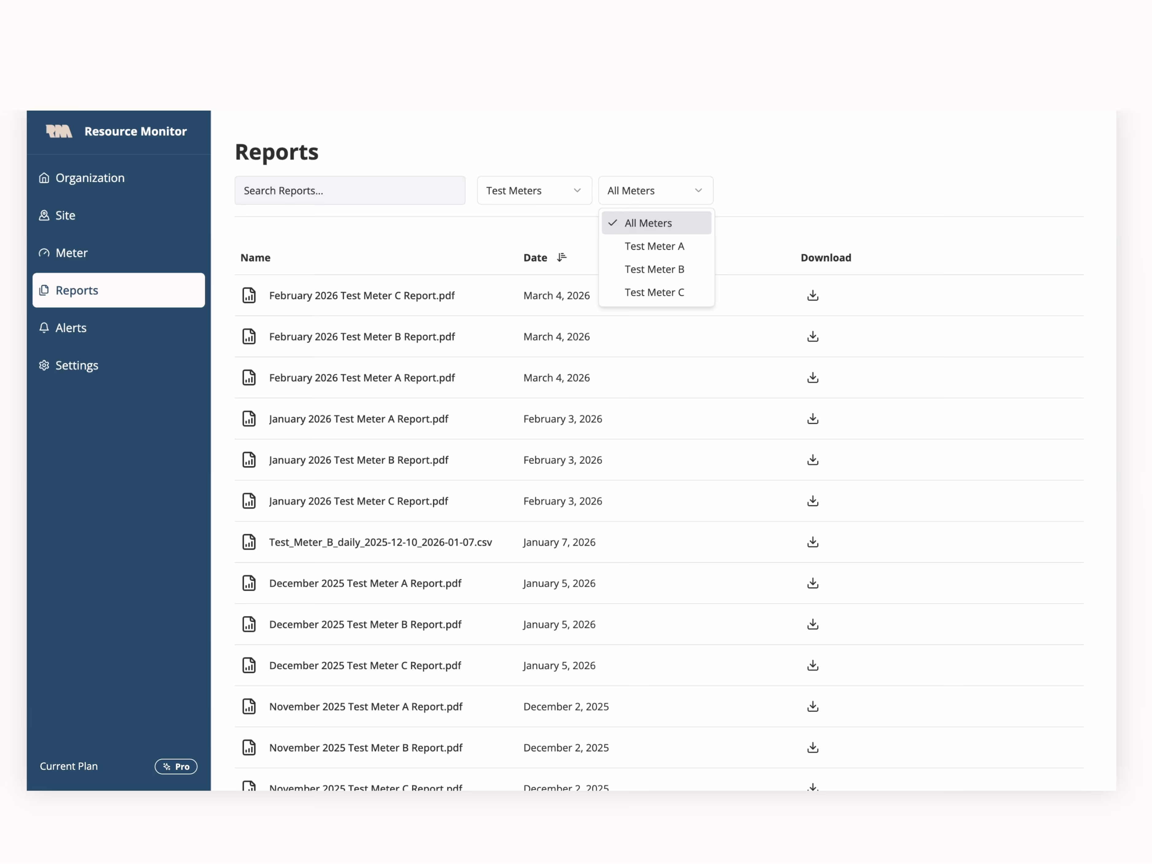 Resource Monitor interface showing a Reports section with a list of test meter report files, dates, and download icons, featuring filters for meter types.