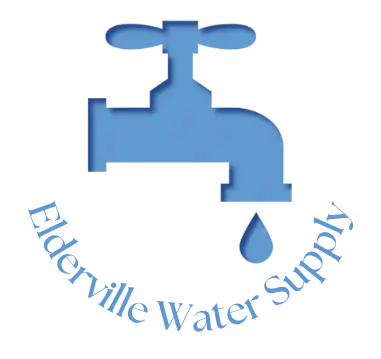 Blue water faucet with a single drop and text Elderville Water Supply curved below.