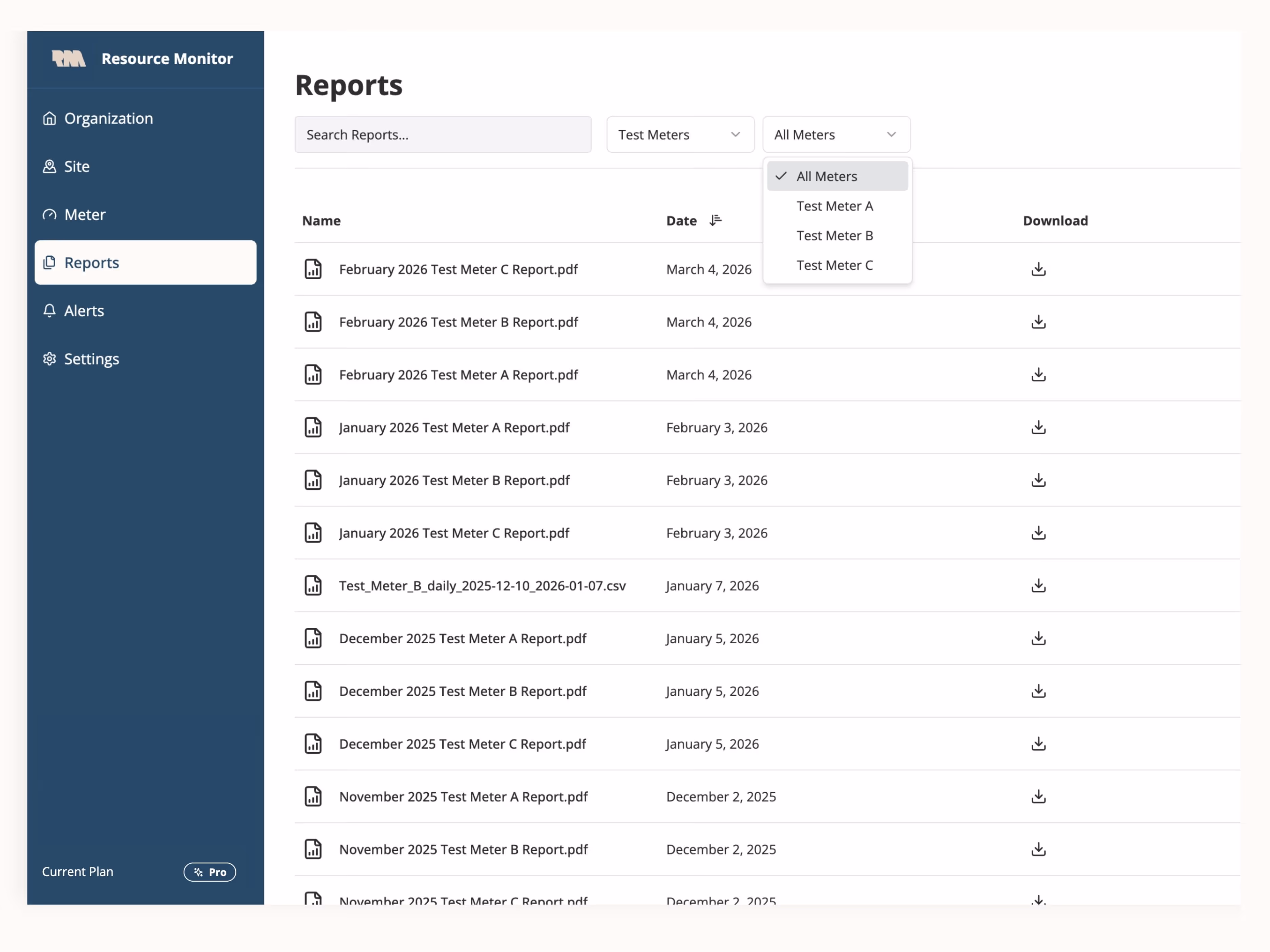 Resource Monitor app interface showing a Reports panel with a list of downloadable meter test reports by name and date, with filters for meters at the top.
