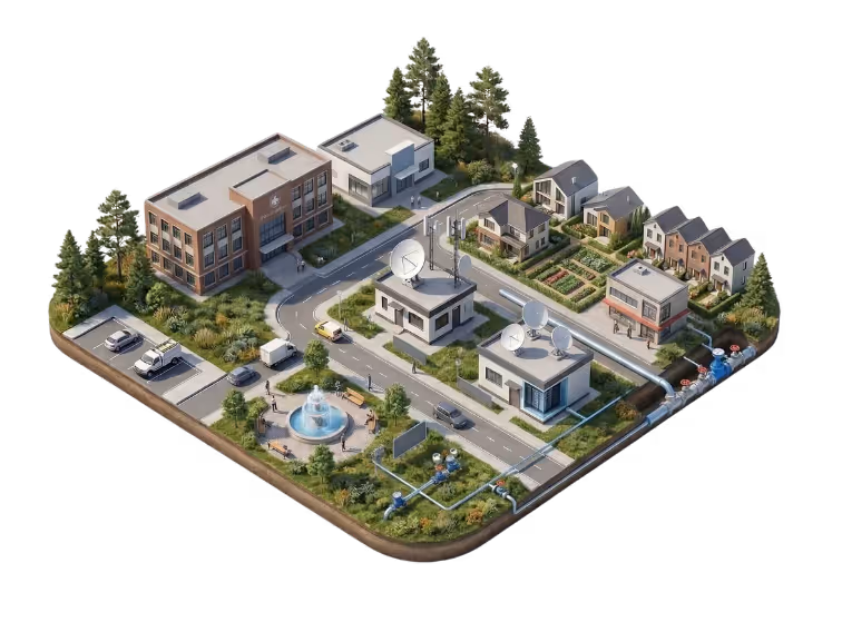 Isometric view of a small urban area featuring residential houses, office buildings, satellite dishes on two buildings, a park with a fountain, parking spaces with vehicles, and a network of water pipes with valves.