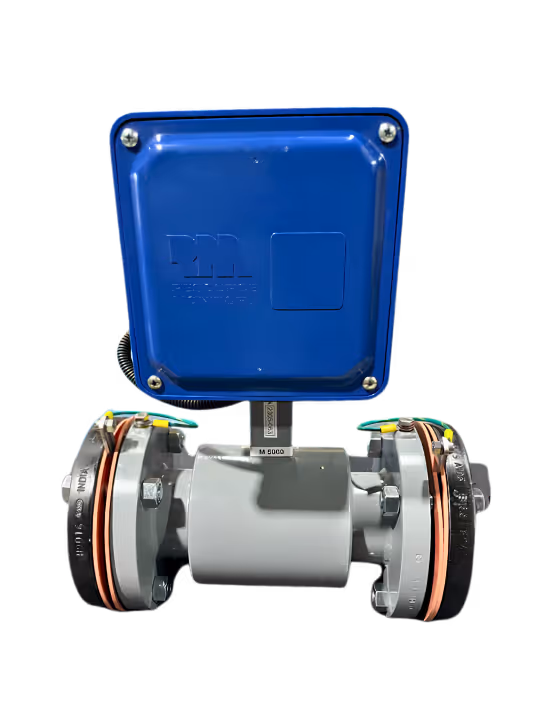 Blue RM Monitor flow meter with metallic pipe fittings and green grounding wires.