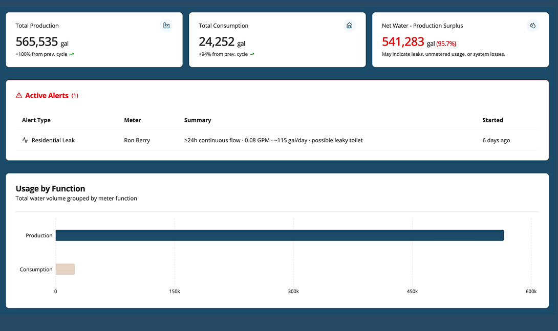 Dashboard showing water system data: Total production 565,535 gallons, total consumption 24,252 gallons, and net water production surplus 541,283 gallons indicating possible leaks. Active alert for residential leak detected by Ron Berry meter with continuous flow and possible leaky toilet started 6 days ago. Bar chart illustrates water usage by function with production far exceeding consumption.