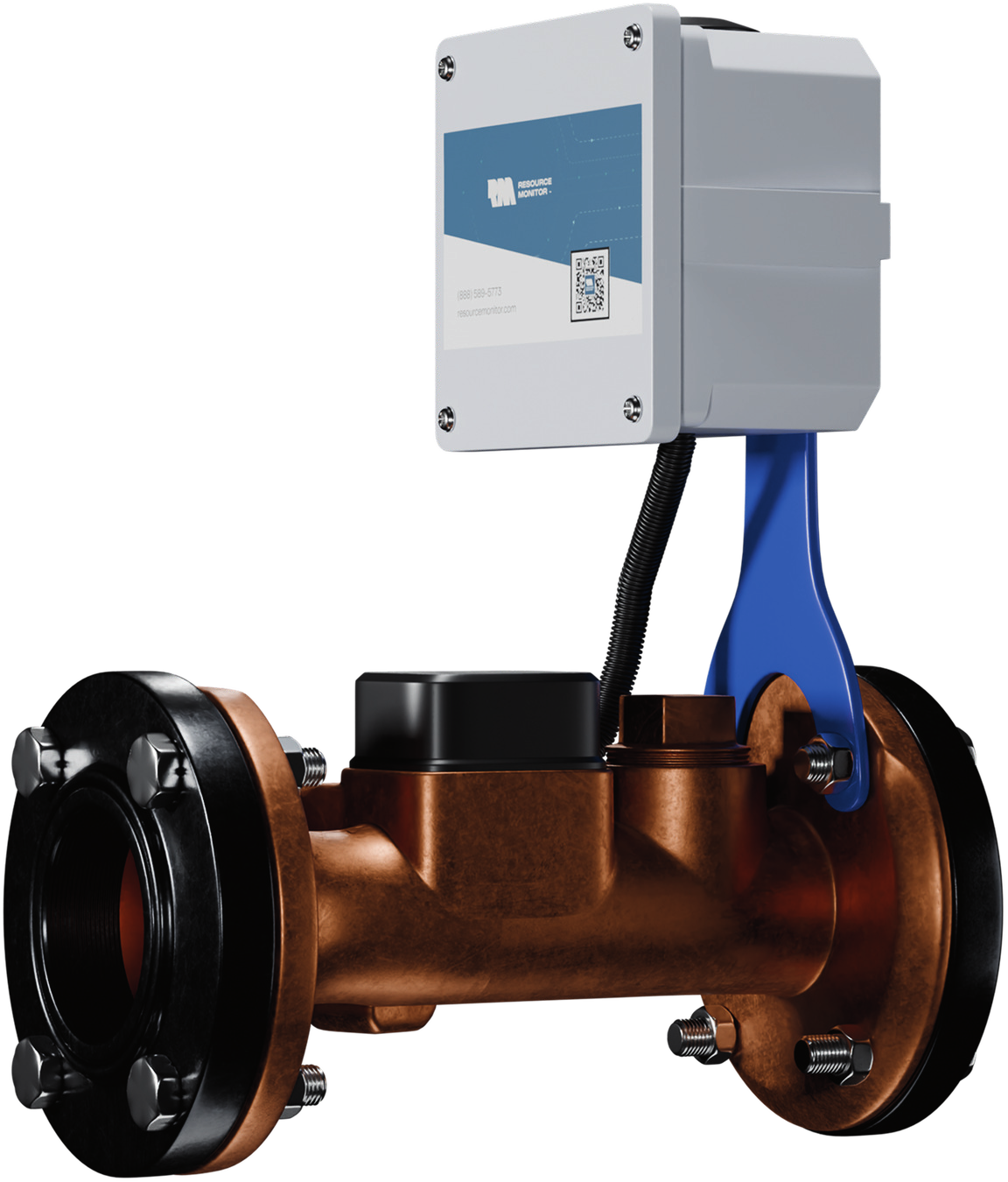 Rendering of a water meter with a Resource Monitor enclosure mounted above it.