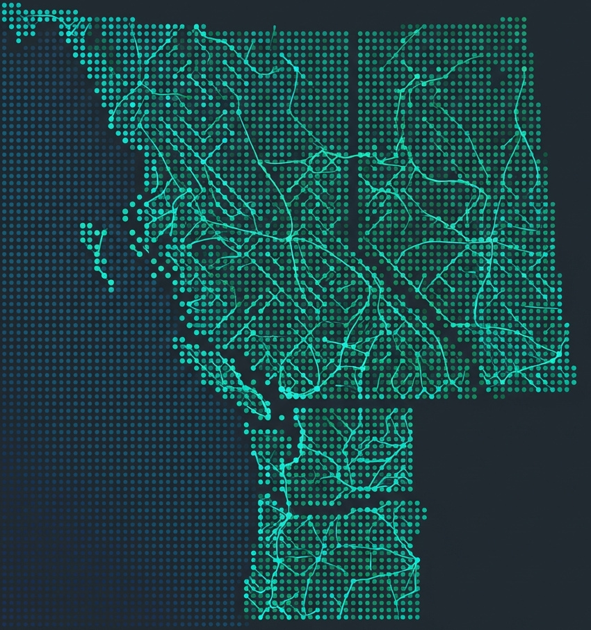 Wind turbine blades against a landscape.