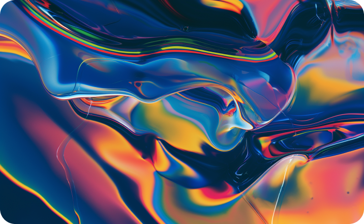 Abstract fluid shapes with swirling gradients of blue, orange, yellow, and purple colors.
