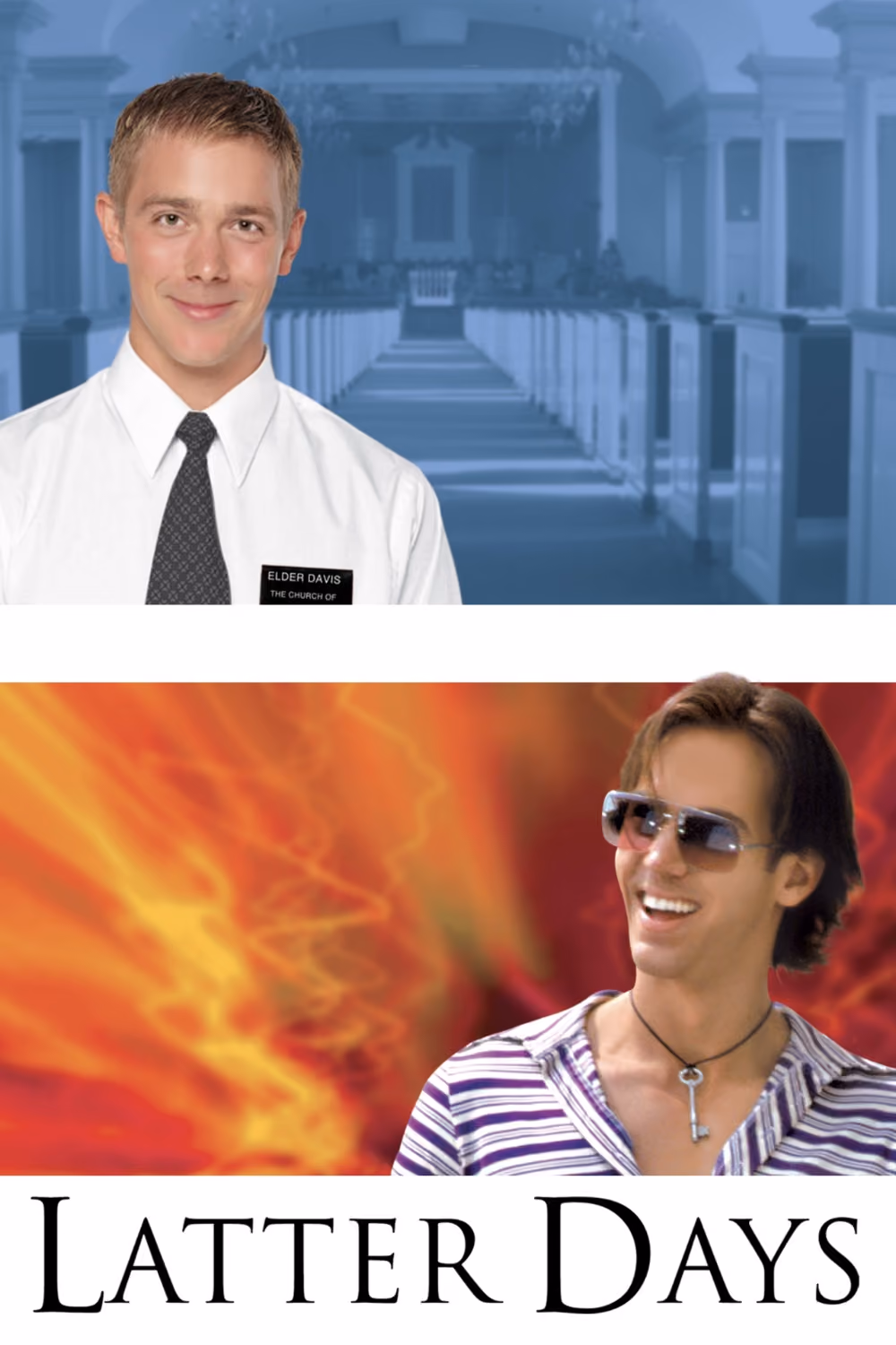 Latter Days movie poster featuring a romantic LGBTQ+ drama about a Mormon missionary, love, faith, and self-discovery.