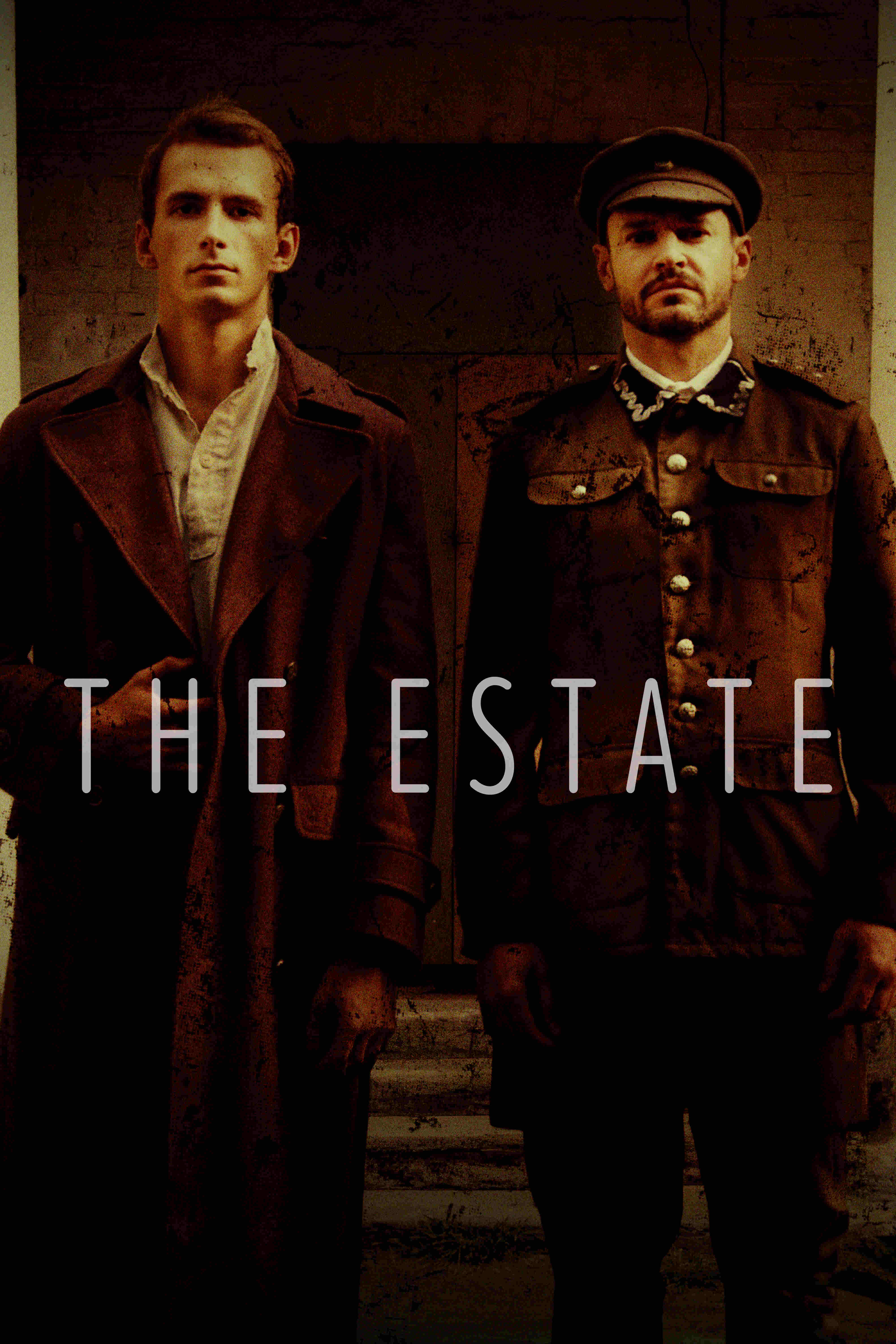The Estate gay historical drama movie poster featuring two men standing together, one in a military uniform and one in a long coat, against a dark vintage backdrop.