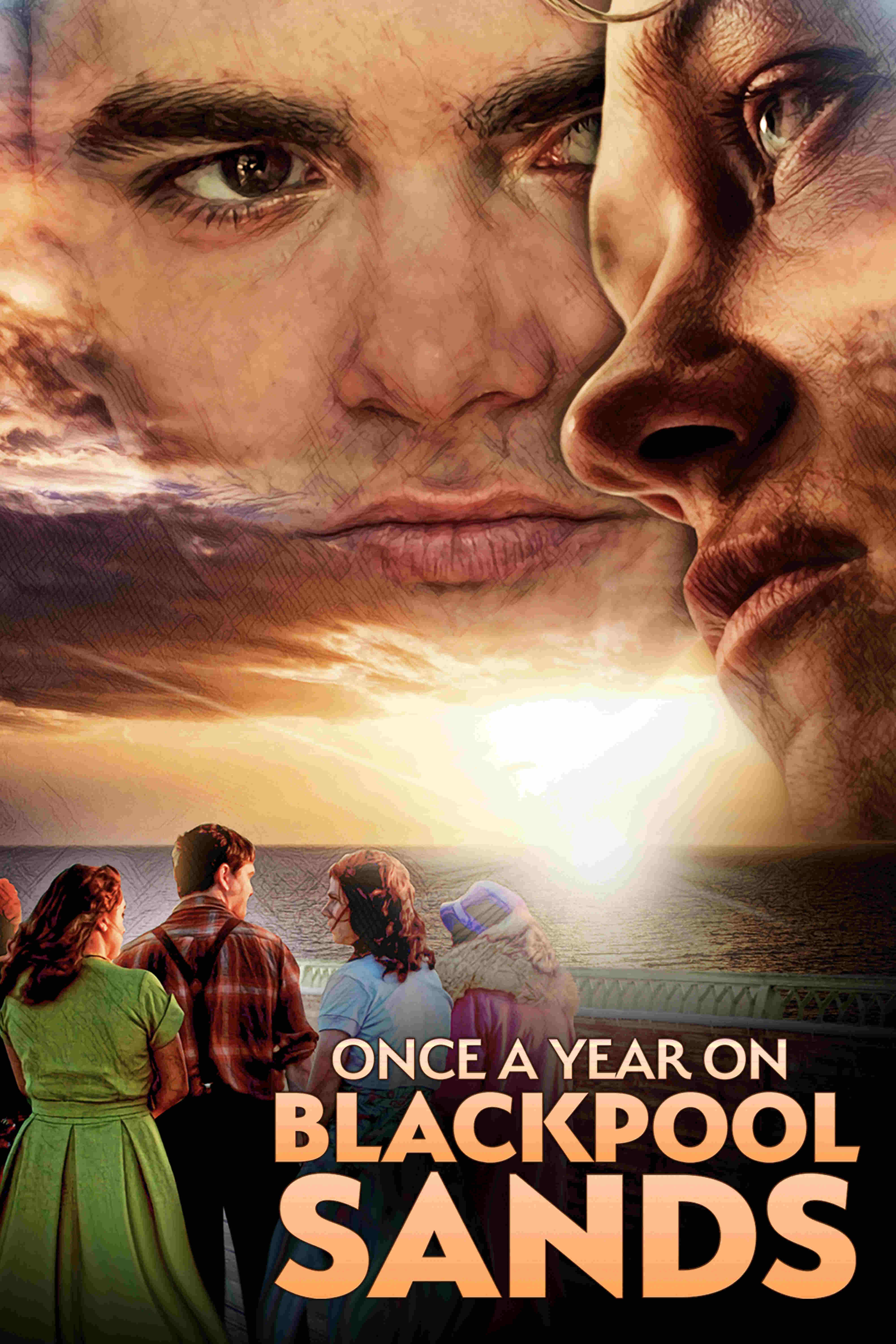 Once a Year on Blackpool Sands LGBTQ+ romantic drama movie poster featuring two young men, friendship, love, and a seaside sunset.