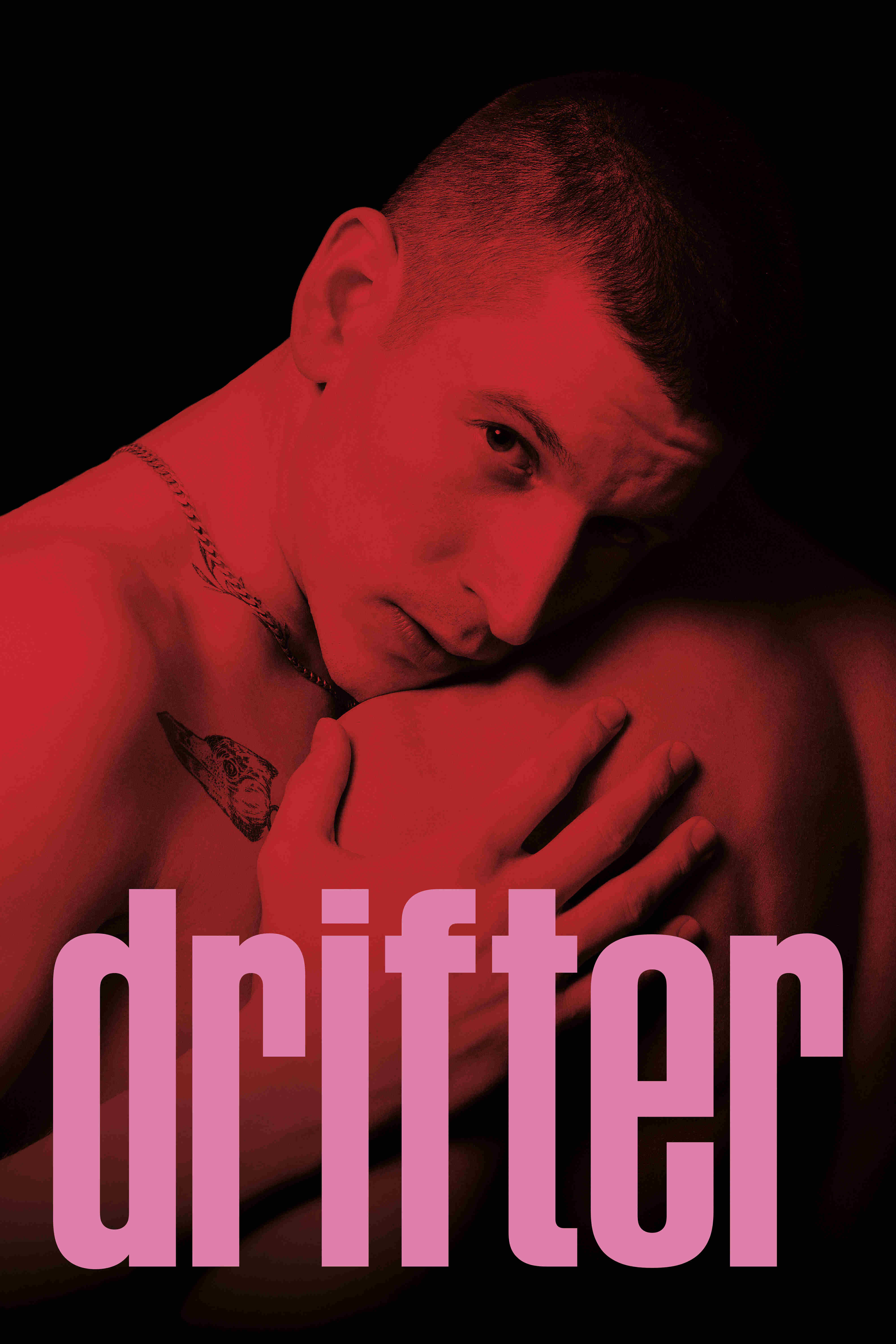 Drifter movie poster featuring a young man embracing another person in an intimate moment from an LGBTQ+ romantic drama.