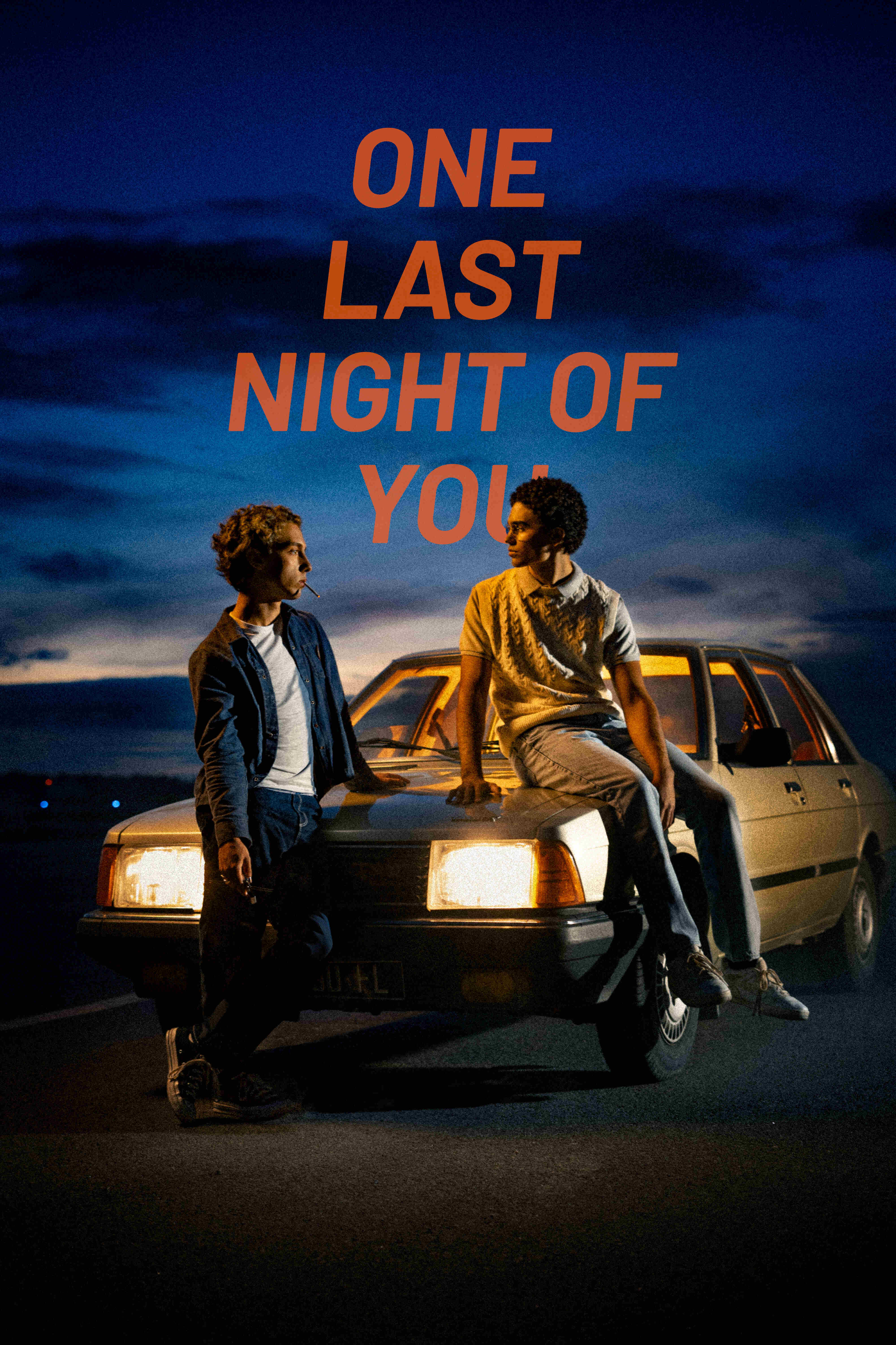 One Last Night of You movie poster featuring two young men sitting on a car at night, an LGBTQ+ coming-of-age romance streaming on Dekkoo.
