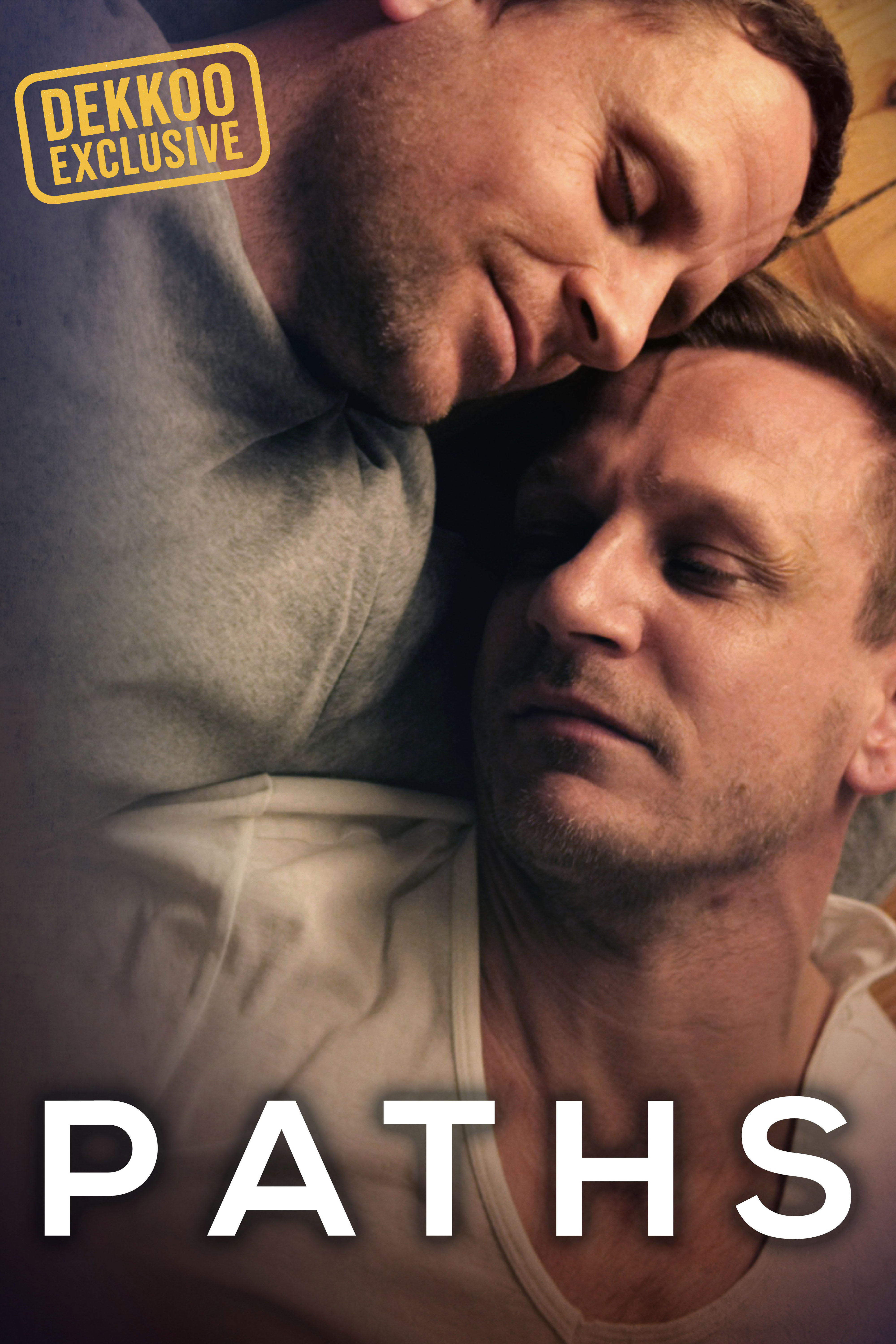 Poster for the gay drama Paths, featuring two men lying together in bed, reflecting on their relationship and emotional connection.