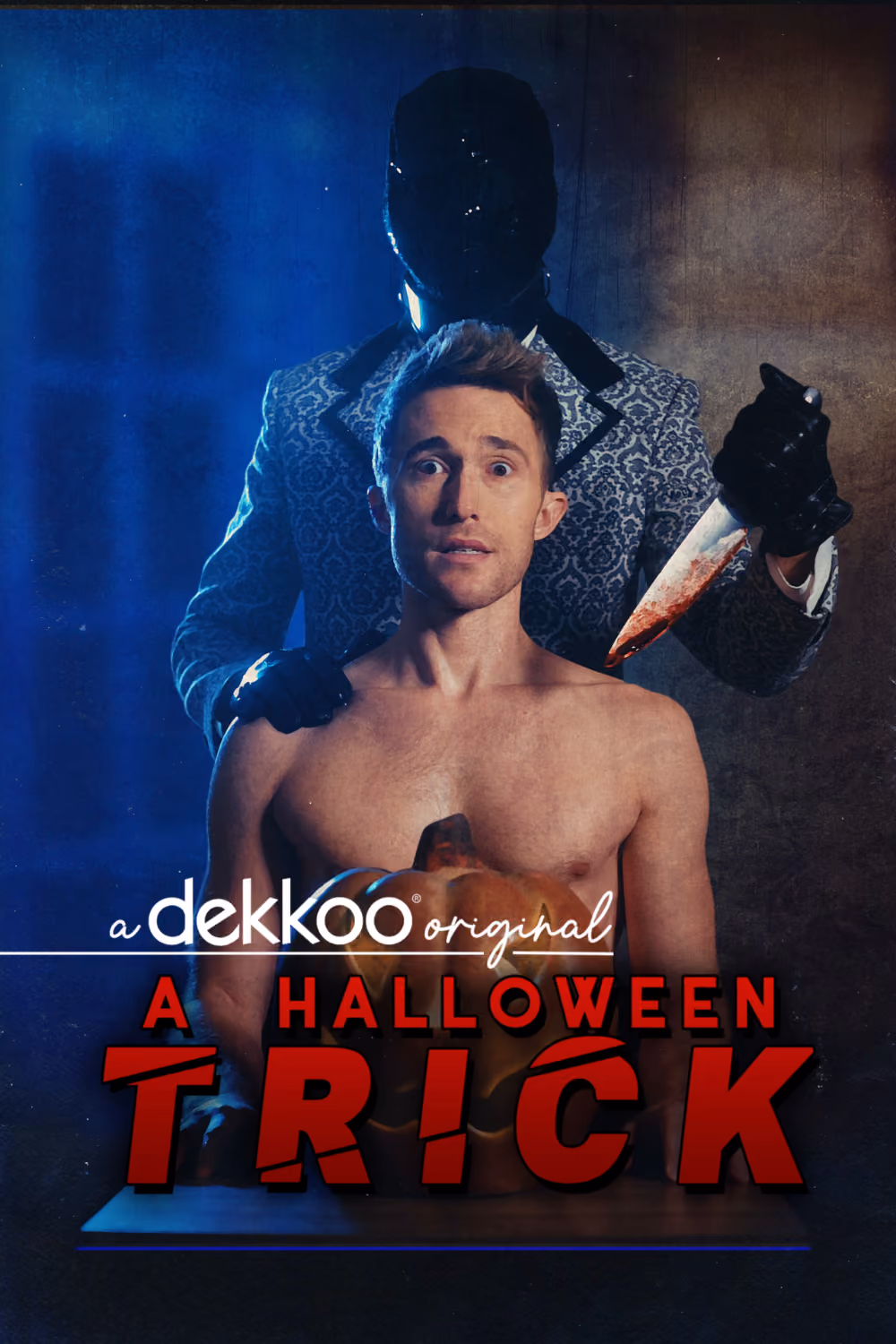 A Halloween Trick Dekkoo Original gay short film poster featuring a shirtless man
